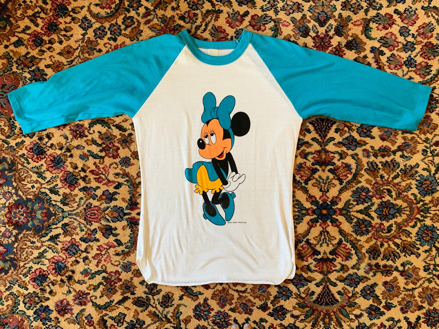 1980's Minnie Mouse Baseball Style T-shirt, Turquoise Sleeve, Raglan, Authentic Disney Vintage