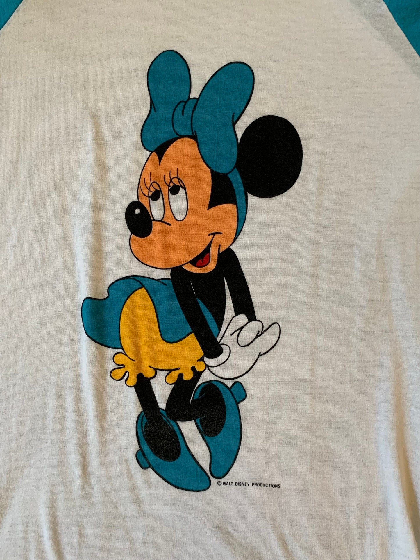 1980's Minnie Mouse Baseball Style T-shirt, Turquoise Sleeve, Raglan, Authentic Disney Vintage