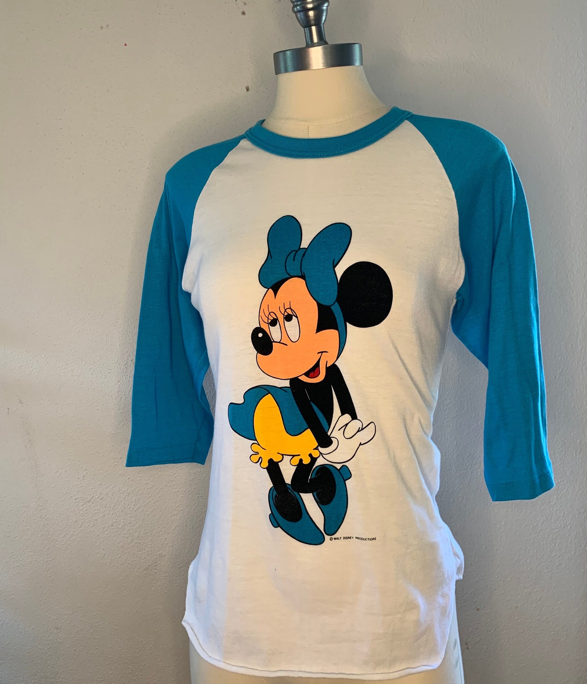 1980's Minnie Mouse Baseball Style T-shirt, Turquoise Sleeve, Raglan, Authentic Disney Vintage