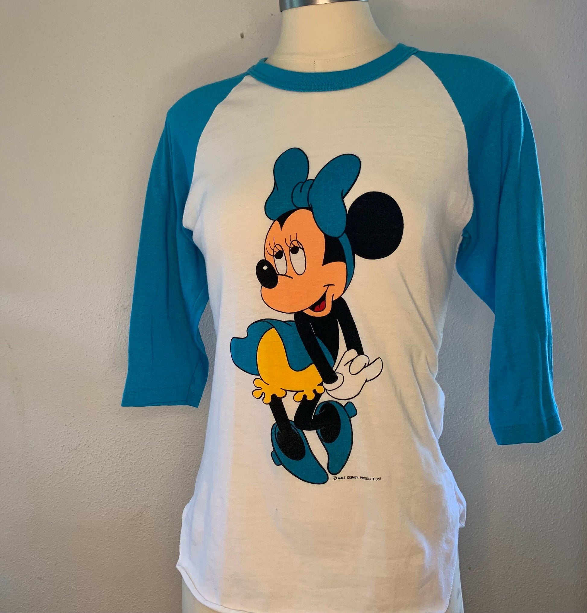 1980's Minnie Mouse Baseball Style T-shirt, Turquoise Sleeve, Raglan, Authentic Disney Vintage