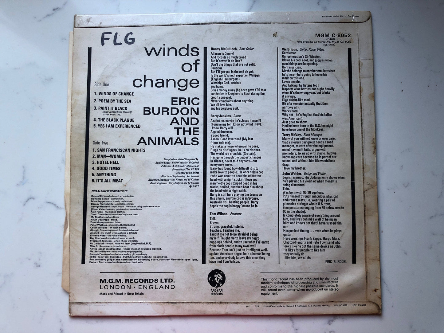 Eric Burdon and The Animals, Winds of Change, MGM-C-8052,  UK Pressing Origina 1967 The Animals Records