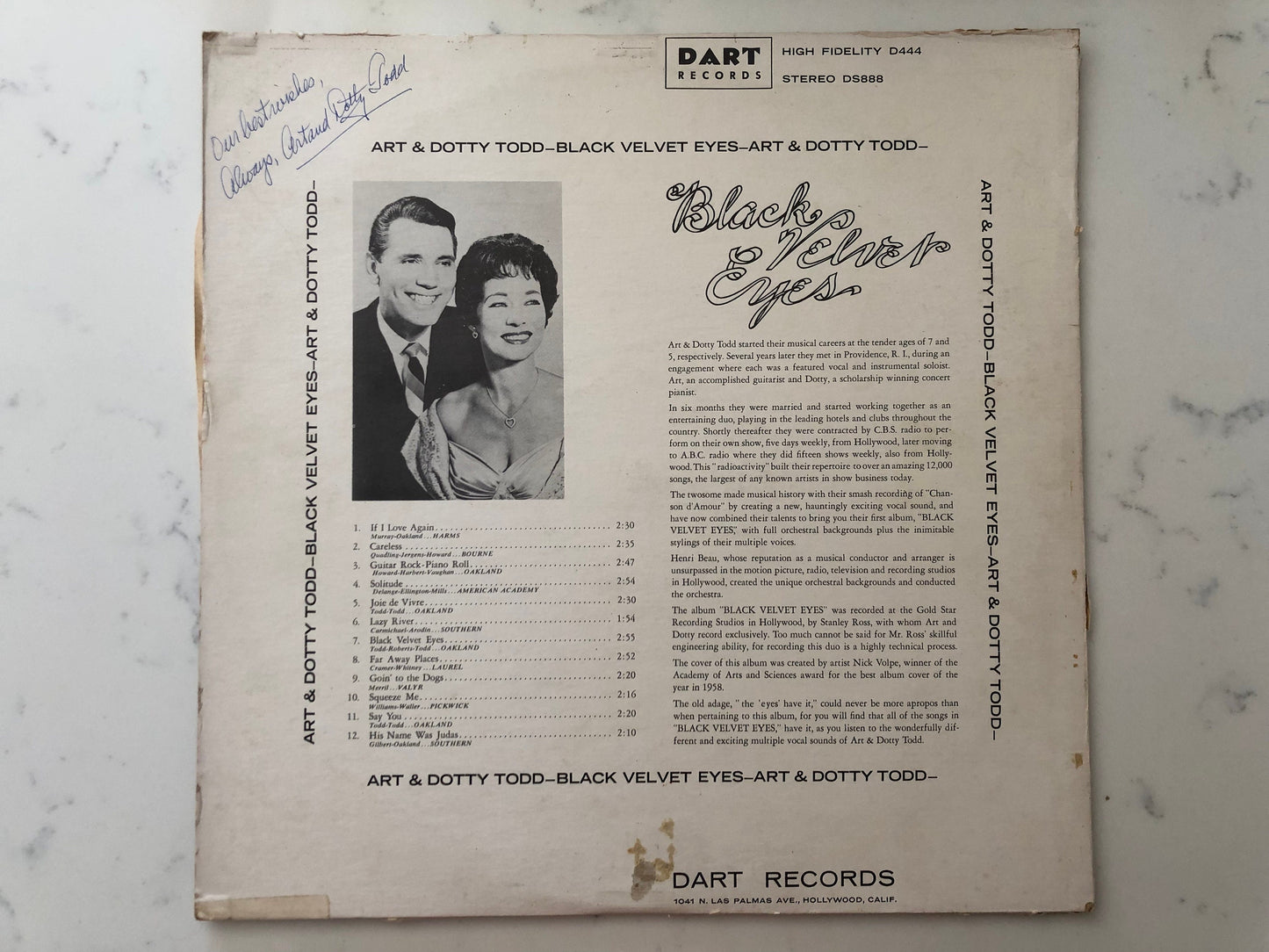 Art And Dotty Todd | Black Velvet Eyes | 1950's Chanson Pop Records | Dart Records DS888 | AUTOGRAPHED Signed | Henri Beau Orchestra