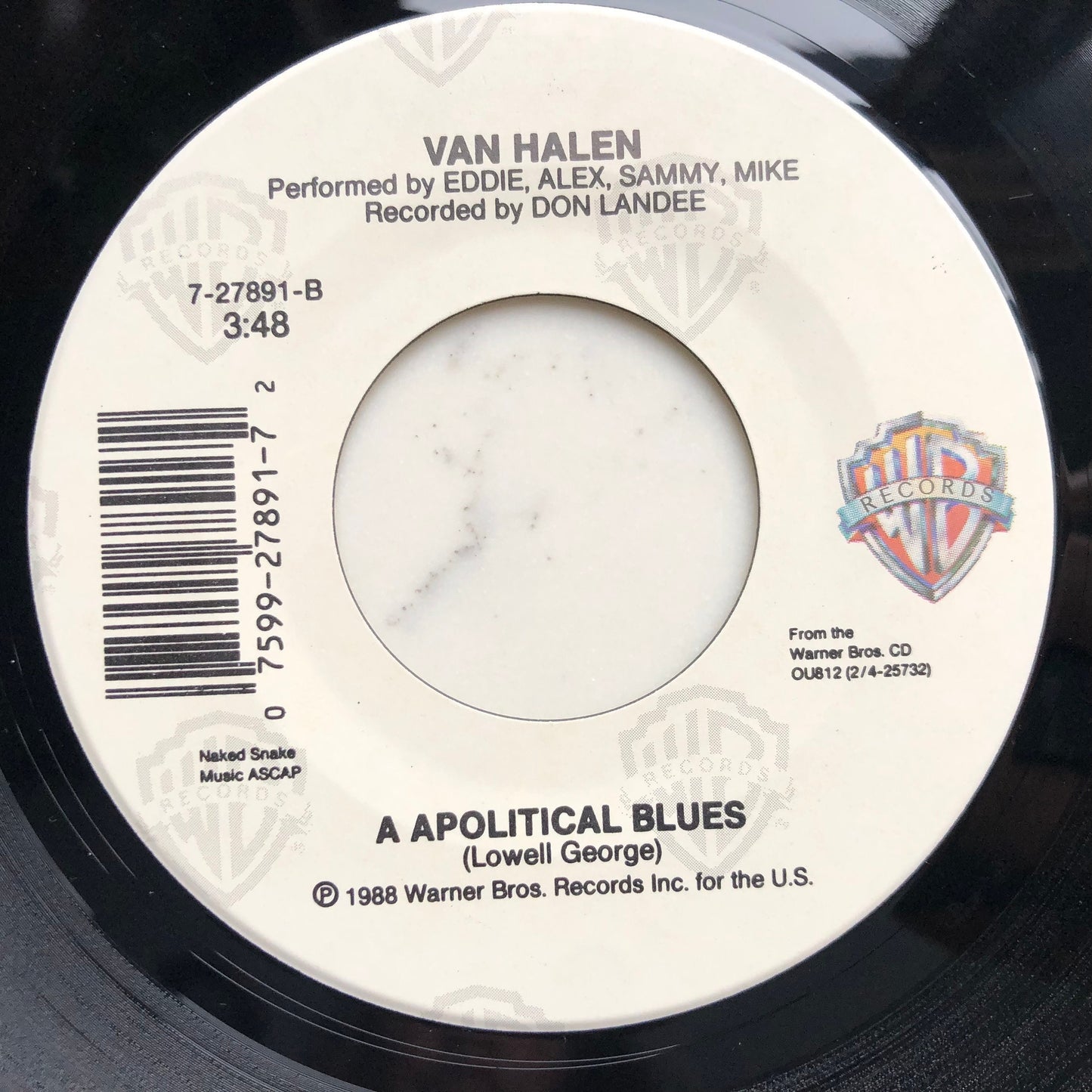 Van Halen Black and Blue, A Apolitical Blues Original Vintage 45 rpm 7" records Original 1988 Vintage Vinyl Warner Bros. Records – 7-27891