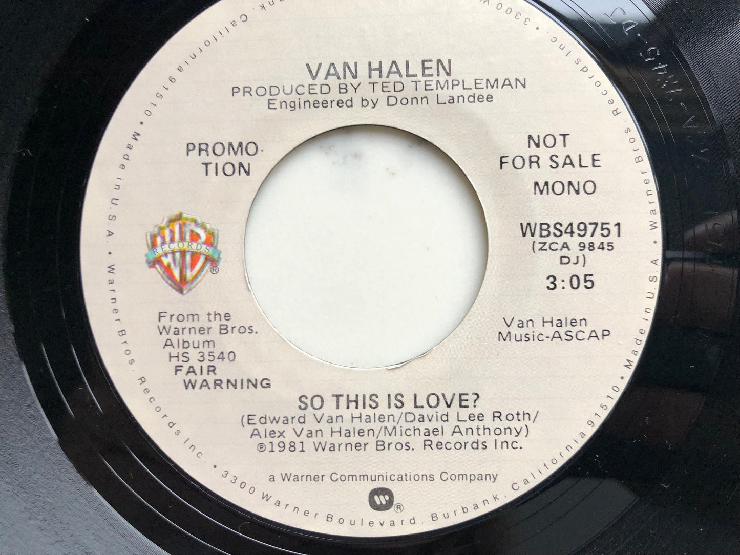 Van Halen So This is Love Stereo/Mono Original Vintage 45 rpm 7" records Original 1981 Vintage Vinyl Warner Brothers WBS 49751 PROMO