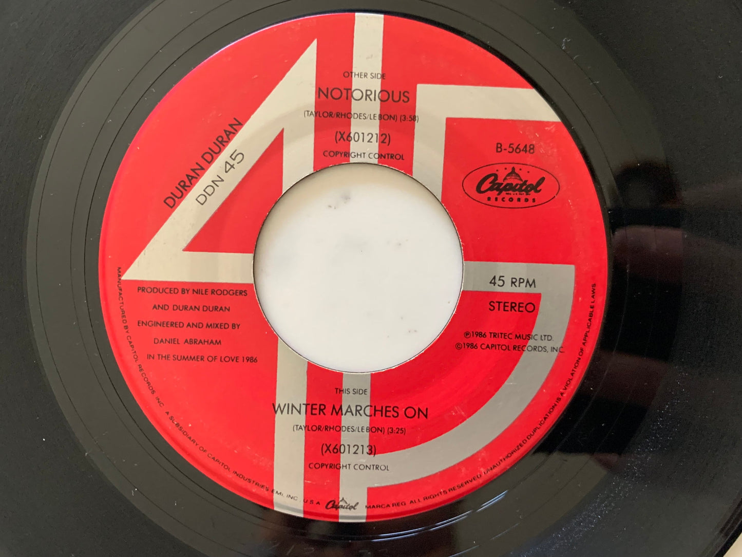 Duran Duran Notorious, Winter Marches On Capitol Records B-5648 Masterdisk Original Duran Duran 7" records, 1980's Synth Pop Music 45 RPM